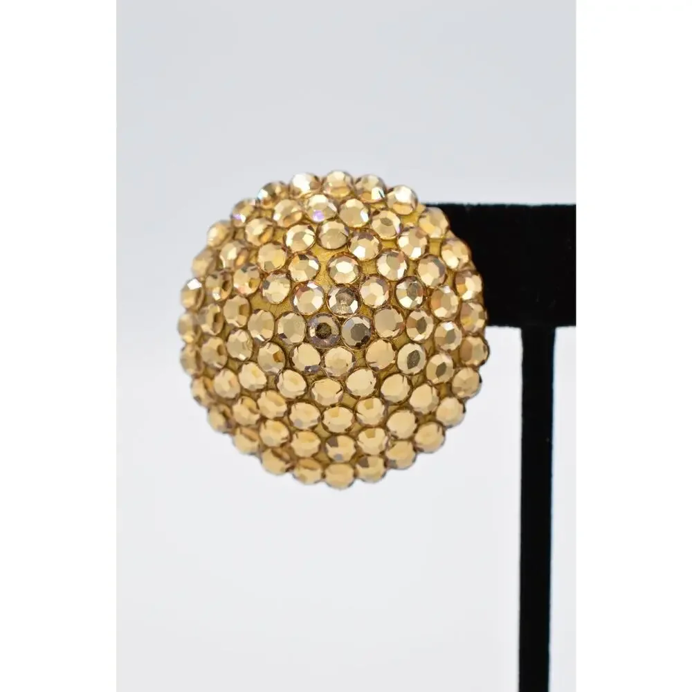 Vintage Crystal Clip Earrings Sparkling Brown Rhinestone Round Chunky 1980s 9L